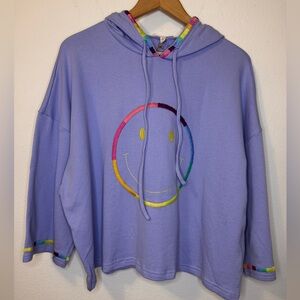 NEW Easel Small Oversized Blue Hoodie with Embroidered Rainbow Smiley Face